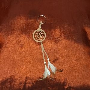 Hand-Made Brown Dream Catcher Keychain With White & Brown Feathers And Beads